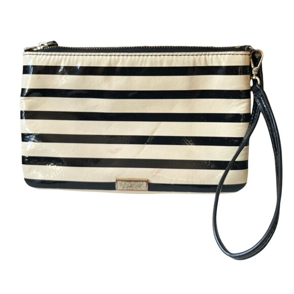 Kate Spade Lolly Chelsea Park Patent Leather Stripe Black Cream Wristlet READ - Picture 2 of 6
